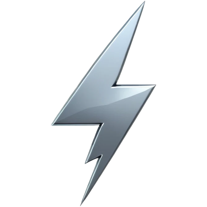 A lightning bolt emoji made of polished silver chrome, sharp yet rounded edges, glossy metallic surface, soft reflections, minimal futuristic design, iOS emoji style, centered, clean white background emoji