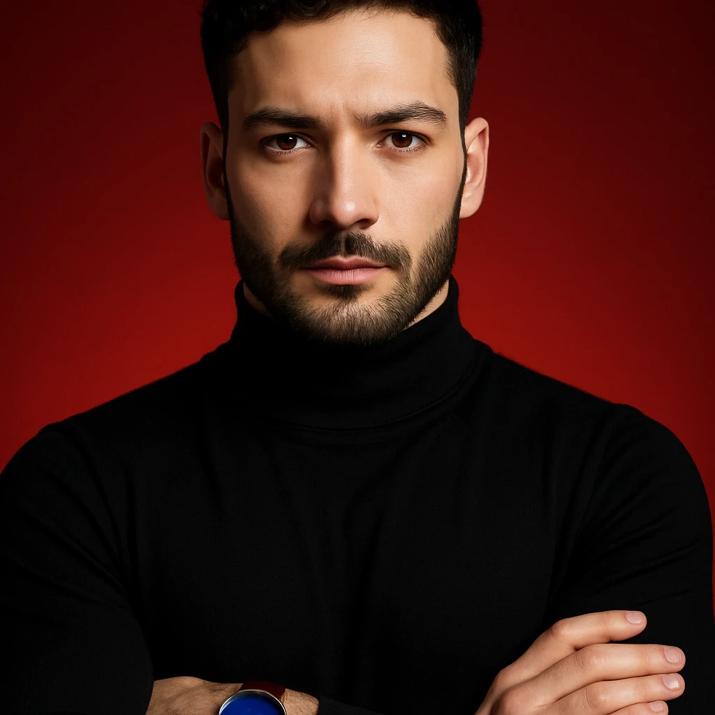 Create an ultra-realistic, high-detail, 4K editorial portrait of the person in the reference image. Emphasize sharp features, flawless fair skin, sleek black hair, and a black turtleneck. The person has arms crossed and wears a wristwatch with a blue dial and brown strap. The background is a bold red gradient with dramatic cinematic lighting. The composition is symmetrical and minimal. This is variation 6. emoji