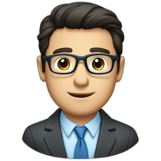 dark-haired guy with square glasses, in a repairman's suit, blue eyes, emoji