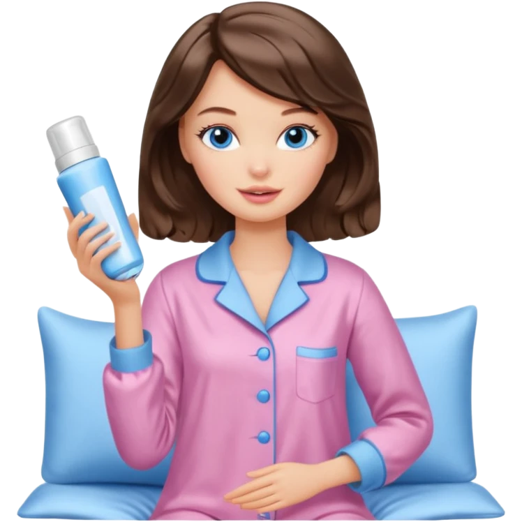 Barbie girl with makeup, blue eyes , and bob long haircut wavy, short brown hair in creamy color pajamas, face cream in hand emoji