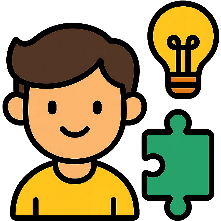 boy’s face with a puzzle piece and lightbulb, representing genius emoji