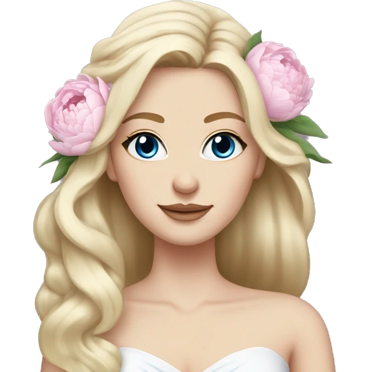White bride with long light blonde hair and blue eyes with light pink peonies in hair white skin  emoji