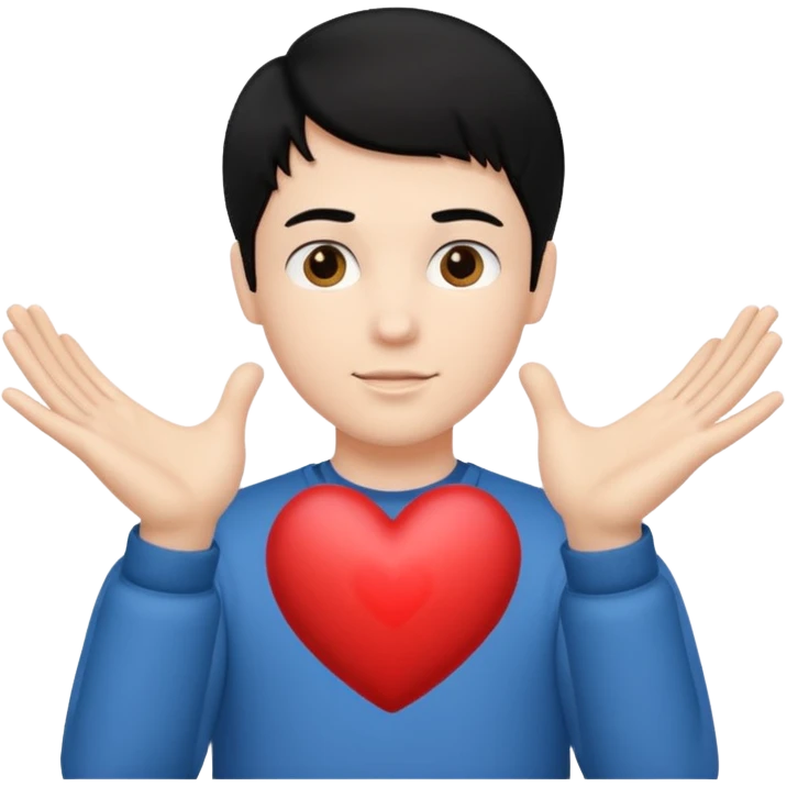 White boy with black hair holding up heart hands emoji