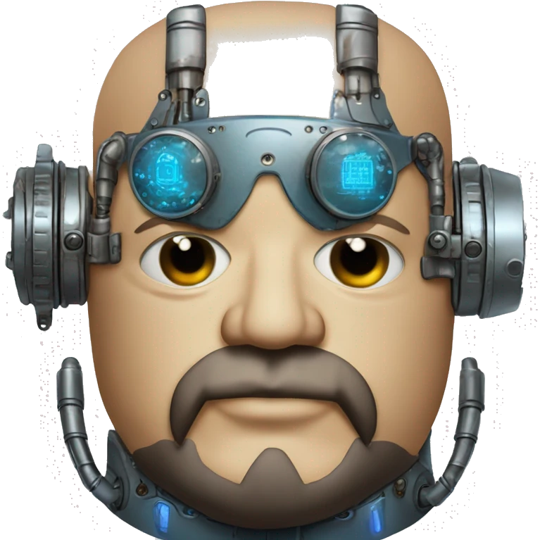 Bearded Fat bald cyborg head with tan skin, blue steampunk goggles and circuits emoji