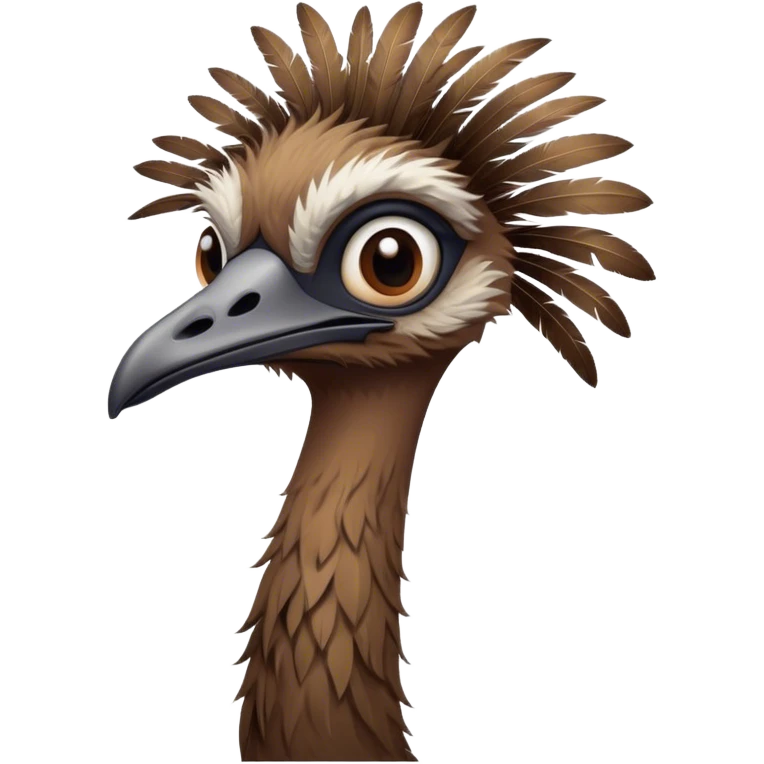 Cinematic Noble Emu Portrait Emoji, Poised and regal, with a tall, slender build and a shaggy, well-groomed fur of earthy brown feathers, a long elegant neck and deep-set soulful eyes, Simplified yet sharp and sophisticated features, highly detailed, glowing with a soft, dignified glow, high shine, intelligent and stately, stylized with an air of outback majesty, focused and attentive, soft glowing outline, capturing the essence of a watchful and confident bird, so majestic it feels as though it could stride out of the screen with effortless authority! emoji