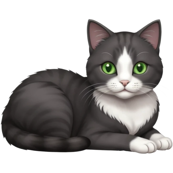 beautiful female solid dark grey cat with green eyes, white toes/paws and white patch on her chest lying down emoji