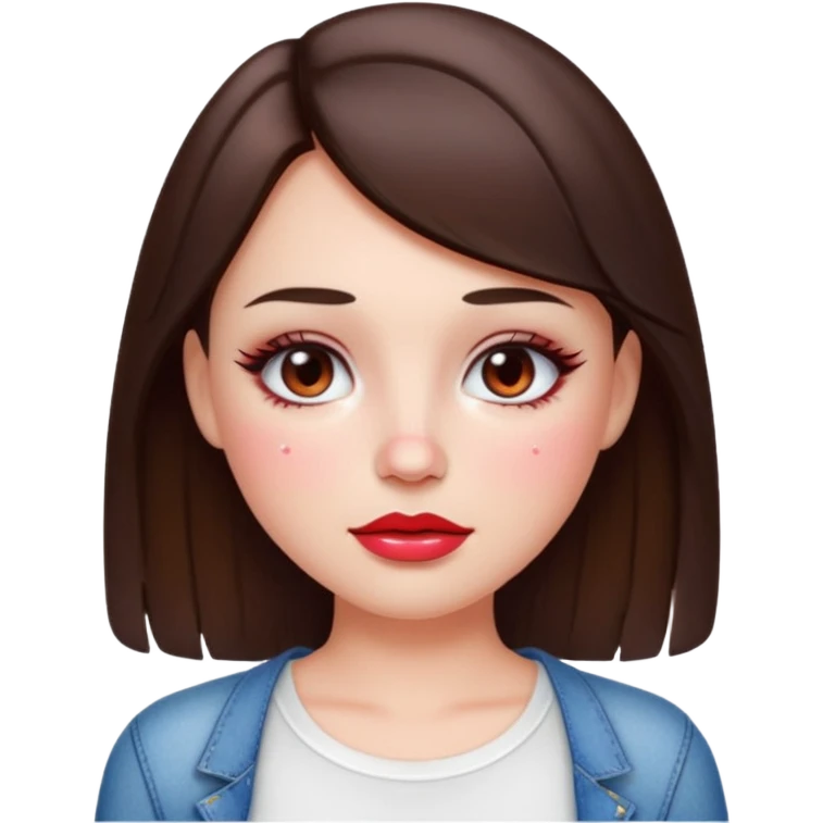 “Emoji brunette girl white top, dewy skin, heavy blush across cheeks and nose bridge, glossy cherry lips, soft eyeliner, teary sparkling eyes like hanni from new jeans emoji