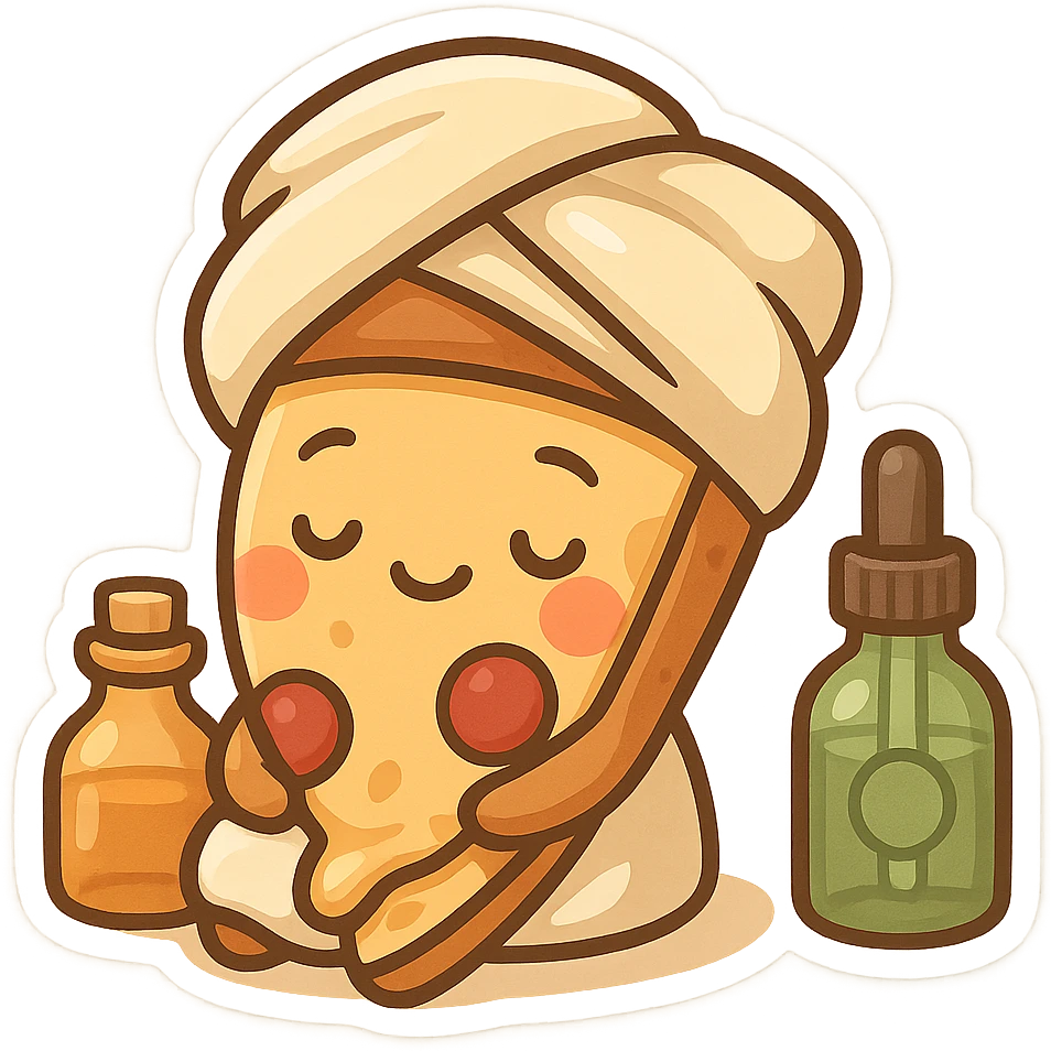pizza slice being pampered at a spa, with a towel and massage oils, humorous and friendly emoji