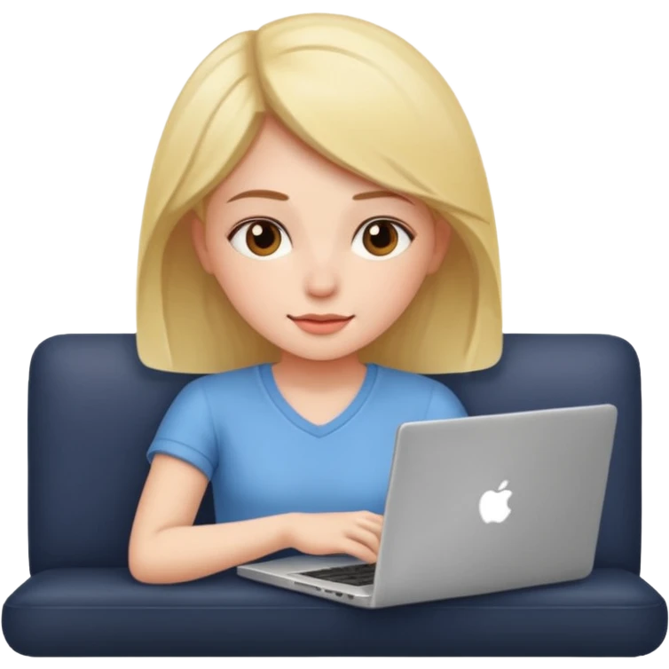 A girl is working with a laptop while lying on the sofa emoji