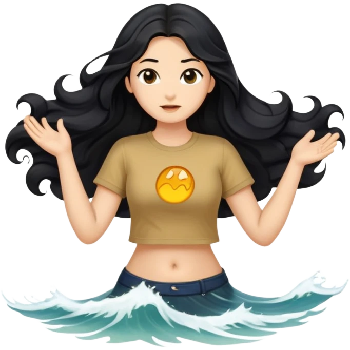 Fair skin girl - long black hair, big waves - wearing a golden brown belly-baring short-sleeved shirt emoji