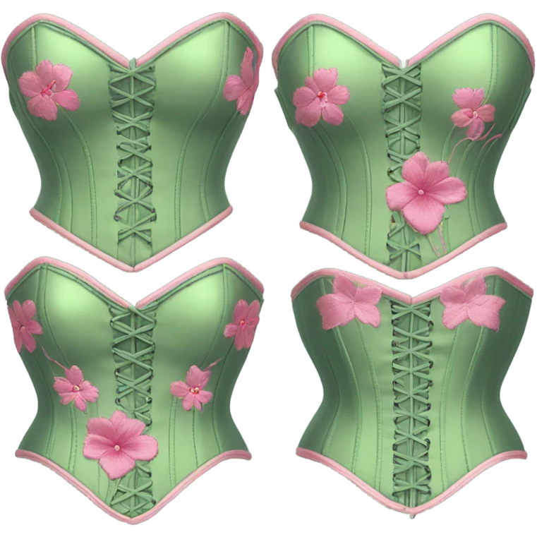 Sage green corset with pink flower embroidery, isolated emoji