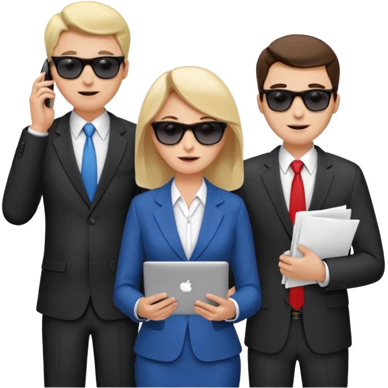 Команда в деловых костюмах из трёх человек. на переднем палне Мужчина впереди общается по смартфону, дальше женщина слева стоит с ноубуком, мужчина справа держит бумаги. У всех людей разные, но позитивные эмоции. Все троя в солнцезащитных очках emoji