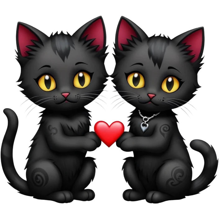 two big emo cats in love with extra emo details such as tattoos, piercings, dramatic hair, plus five emo kittens emoji