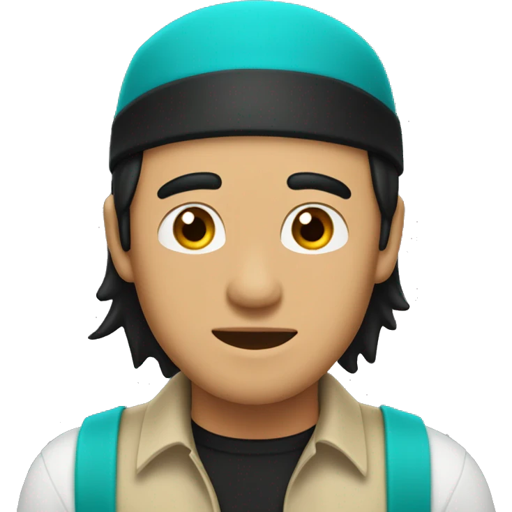 Generate an emoji of a man wearing a turquoise cap with long black hair, a black unbuttoned shirt, and a solid beige undershirt. emoji