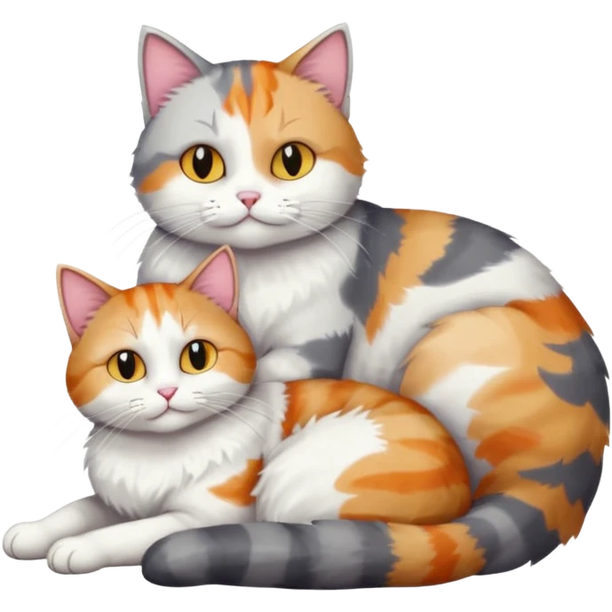 full body colourful light patched calico + white tabby cat cuddling a large grey and white cat  emoji
