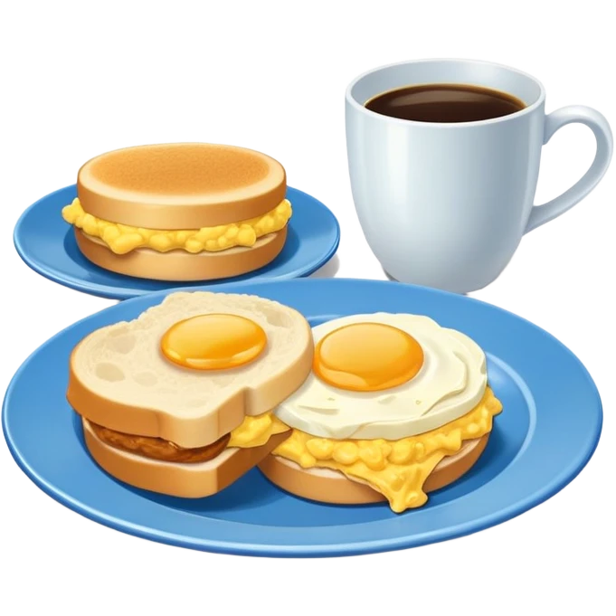 a blue plate with breakfast sandwiches and scrambled eggs and a cup of white coffee emoji