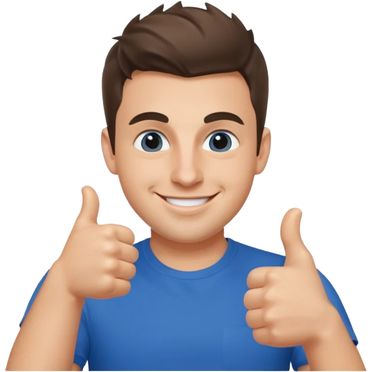 Brian Chesky as an apple-style emoji, smiling, giving a thumbs up, wearing blue t-shirt emoji