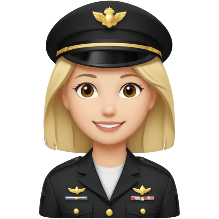 Apple-style emoji: female soldier, bust, no cap/helmet, friendly smile,black color blonde hair emoji