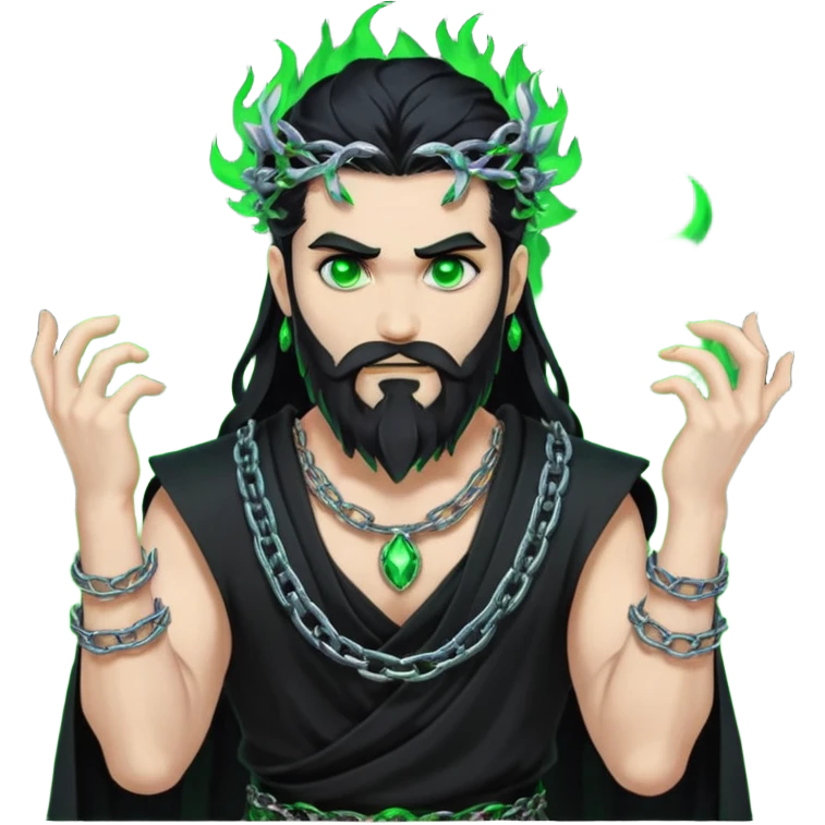 hades greek god with green flames and beard with chains on his arms and neck, Long hair. Dynamic pose emoji