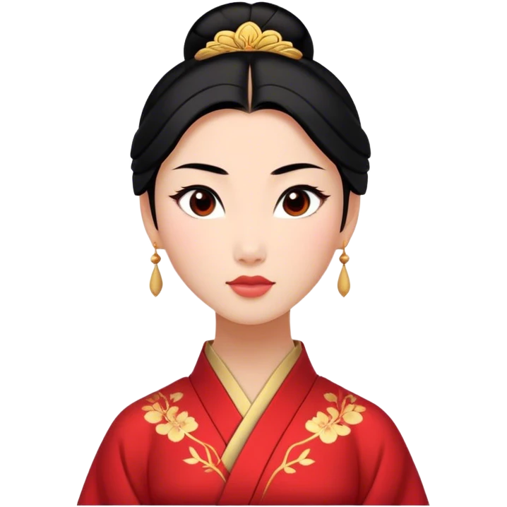 Cinematic Elegant Mulan Portrait Emoji, rendered in a realistic, vector-style with minimal shading and bold, simplified shapes. Depict Mulan (chest and above) with warm, light-toned skin, almond-shaped eyes, and sleek black hair styled in a traditional bun. She wears a modest, traditional robe with subtle red and gold accents, glowing with a soft, refined radiance and high shine, capturing timeless beauty and inner strength. emoji