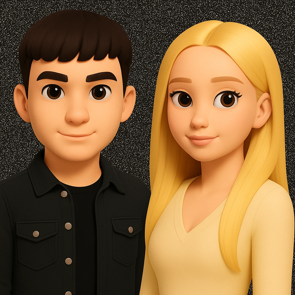Slightly increase the volume of the upper body of the girl, separate the girl and the boy from each other, make the skin color the same for both characters, while preserving the cartoonish 3D style as shown in the reference image. emoji