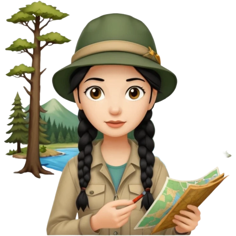 A braid black hair backpacking woman checking her map with curious eyes while walking in the woods with camping hat emoji