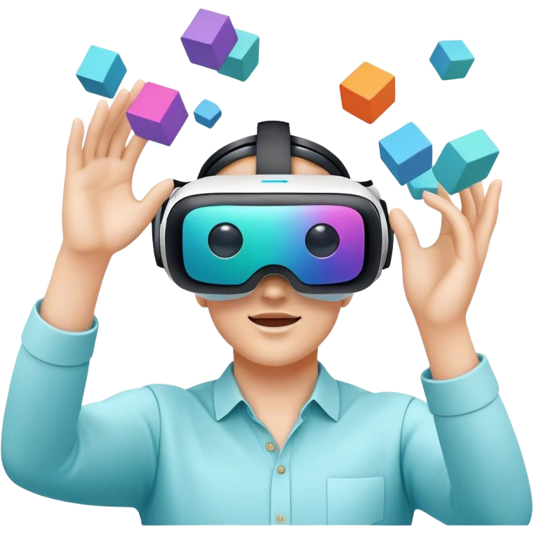 humanless emoji for the creation of VR/AR technology. Show a designer's hands holding a VR headset or AR glasses, with floating 3D models or virtual objects being manipulated in the air. Use modern, tech-inspired colors. Do not include any emojis or smiley faces. Make the background transparent. emoji