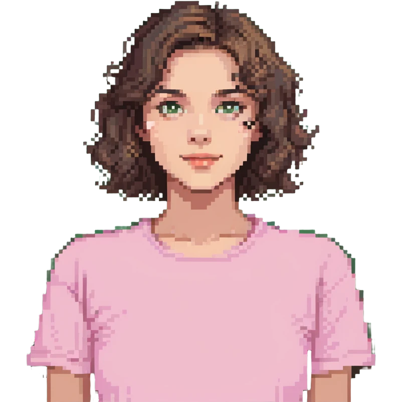 young brunette woman with short wavy hair to shoulders, wearing a pink t-shirt emoji