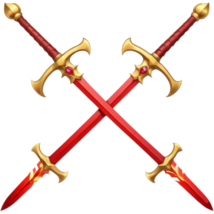 Two crossed swords that are golden in blade and handle and have fiery and royal appearence to them as well as red gem stones emoji