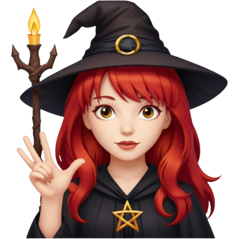 a witchy girl with long red hair and bangs holding a lucky sign emoji
