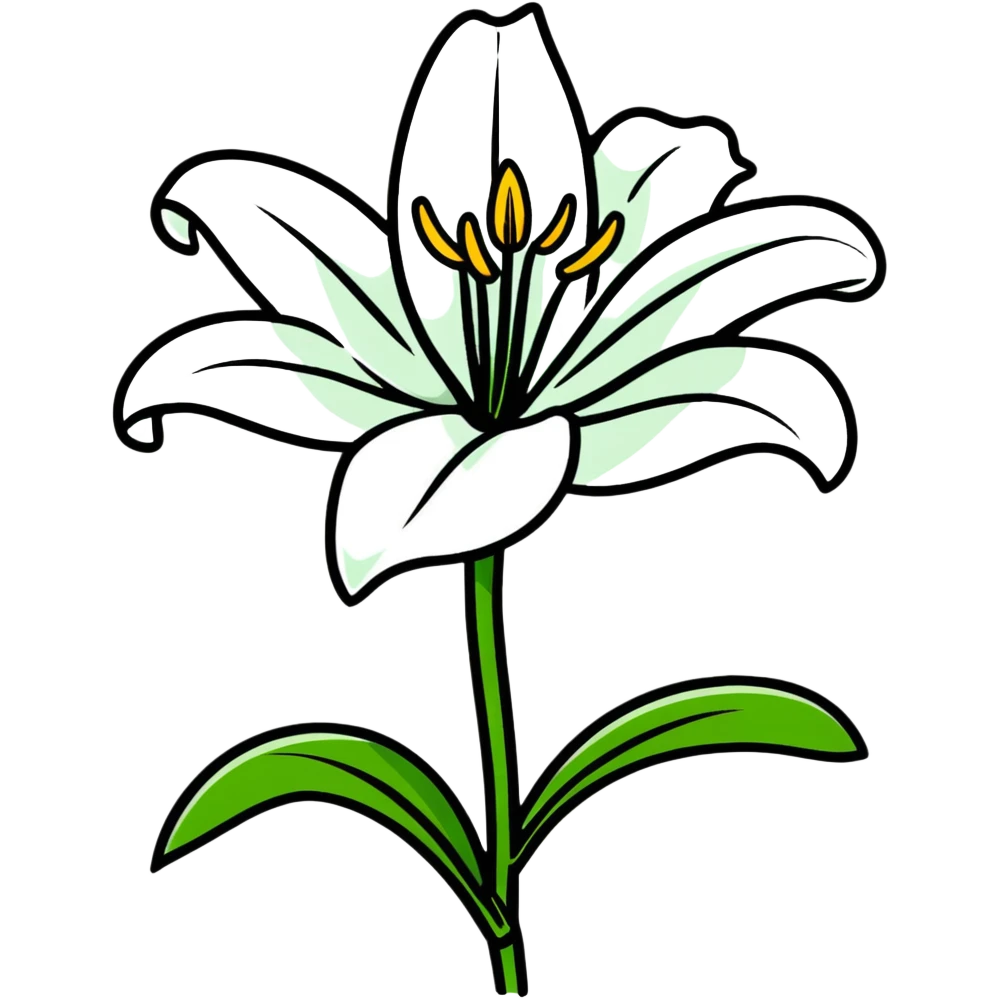 Pure white lily flower with accurate six-petal structure, visible stamens, and green foliage emoji
