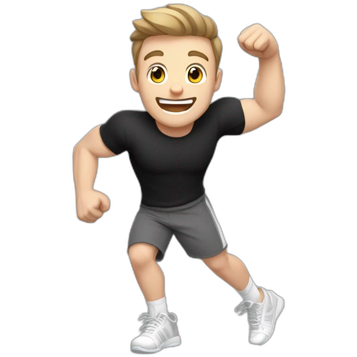 Joyful Celebrating victory Pale skinned Fit Man With the biceps and dark brown hair in black shirt, gray sports shorts and white Sneakers emoji