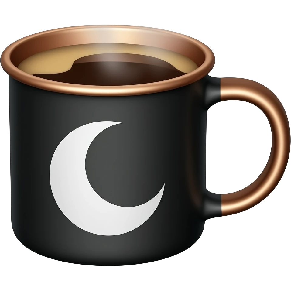Black couldron mug witch a white moon crescent symbol has steaming coffee in it. emoji
