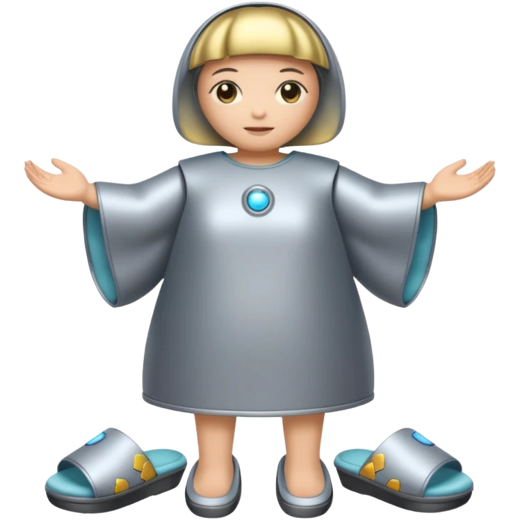 an AI robot, glowing, frumpy, muumuu, slippers emoji