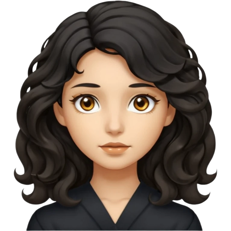 this avatar of girl has shoulder-length black wavy hair with loose curls framing the face, and a long, pointed face with golden-brown eyes and a calm, neutral expression. emoji