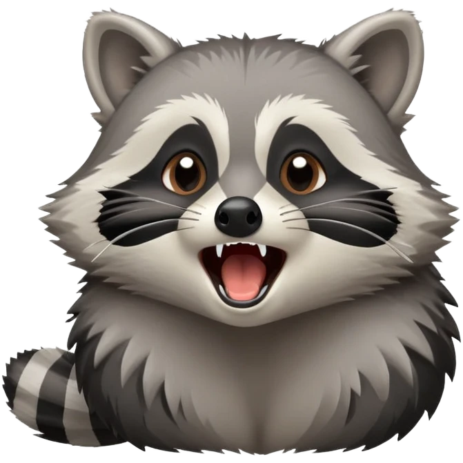 Cinematic-Cute-Yawning-Raccoon-Portrait-Emoji – Head tilted slightly with a dramatic, wide-open yawn, revealing a soft grey and black fur coat with a striped bushy tail, round brown eyes barely open in drowsy curiosity. emoji