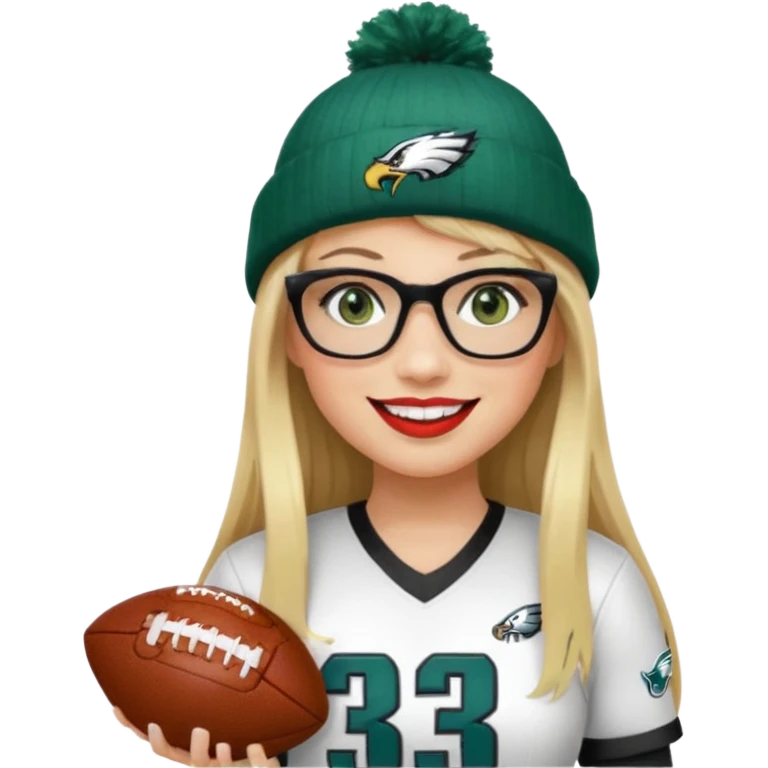 full length women wearing eagles uniform, long straight blonde hair, straight bangs, green eyes, black rectangle glasses, holding football, number 33, smiling, lipstick, eagles beanie emoji