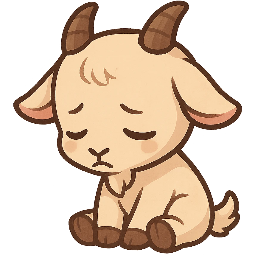 chibi goat, sad, sitting down, head lowered, simple background emoji