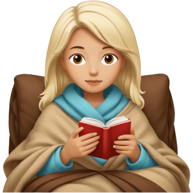 Beige hair Girl drinking coffee, reading book with a cozy blanket emoji