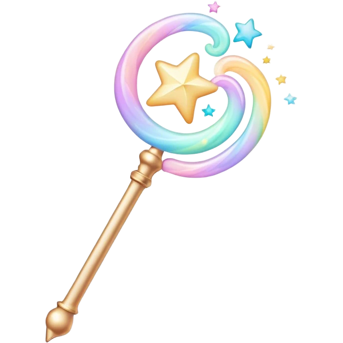 Cinematic cute magical wand, pastel swirls of color, tiny twinkling stars floating around, glowing softly, chubby rounded edges, whimsical and dreamy. emoji