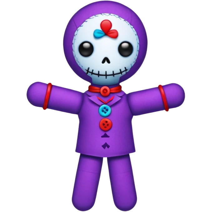 A colorful voodoo doll with bright fabrics in purple, red, and blue, with decorative buttons and pins sticking out emoji