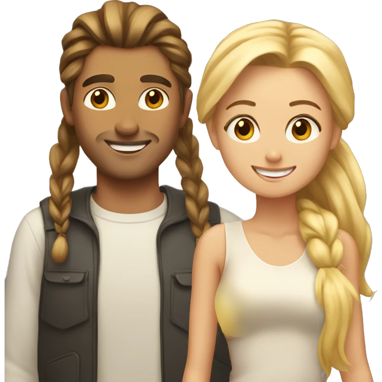 Woman and man smiling, woman has straight Brown hair in a ponytail, slightly sunkissed skin, man has blonde long hair which are in a ponytail, slightly sunkissed skin emoji