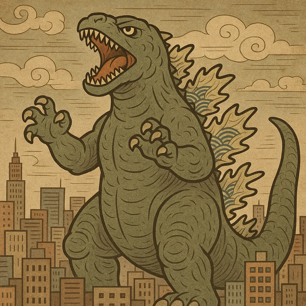 Godzilla in a classic Japanese kaiju movie style, roaring with cityscape background emoji