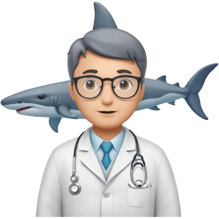 A whale with a shark’s fin dressed like a doctor emoji
