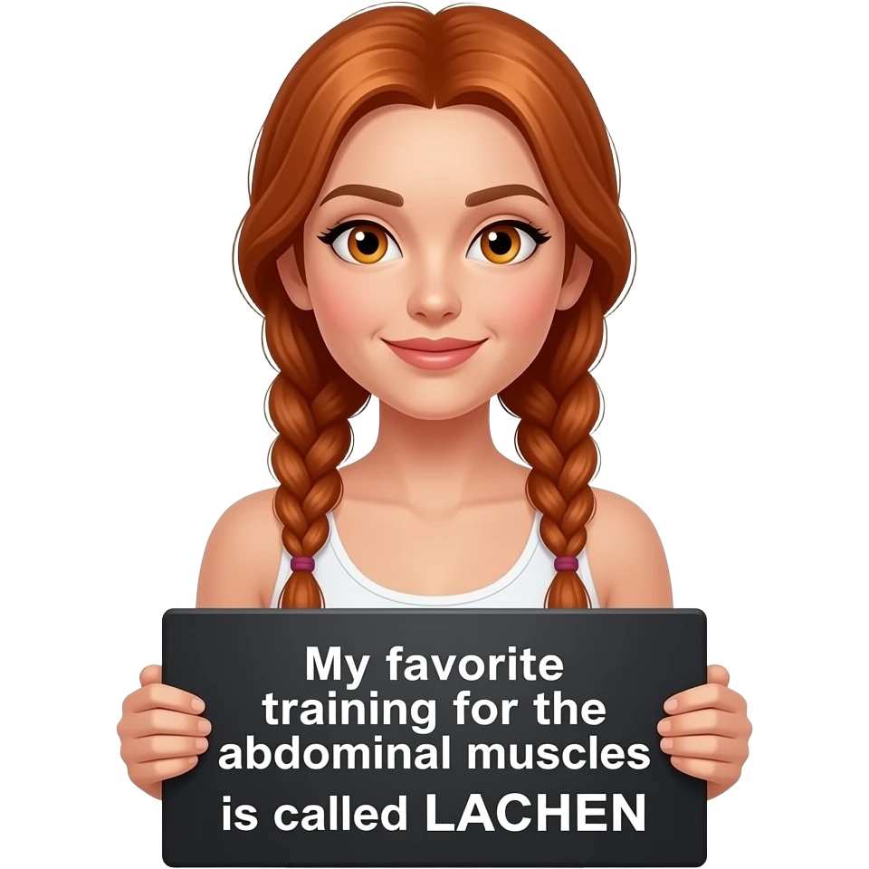 sexy girl with long ginger braids and ginger eyes wearing a white tanktop is holding a black sign with MEIN LIEBLINGSTRAINING für die BAUCHMUSKELN heißt LACHEN written on it emoji