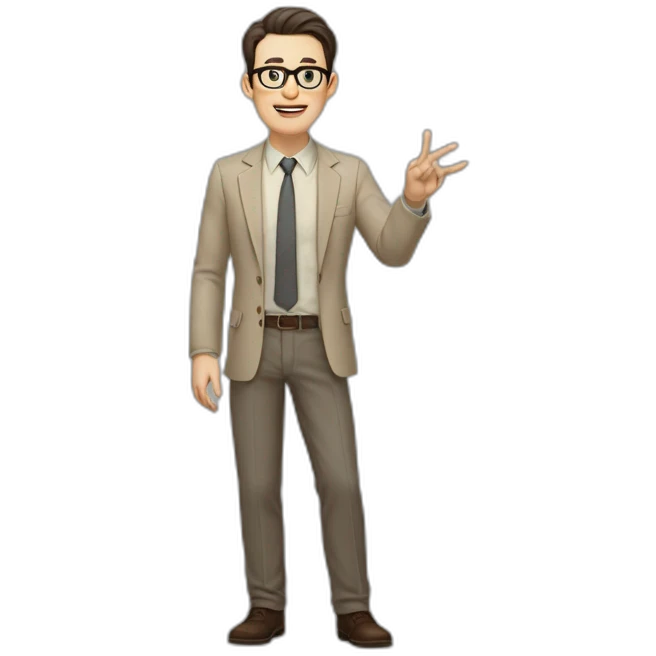 Full height Actively Gesturing Pale skinned fit man with dark brown hair in gray jacket, beige office shirt, brown tie, brown pants and vintage glasses. emoji