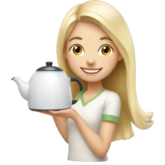 Happy blonde girl with a white kettle making tea emoji