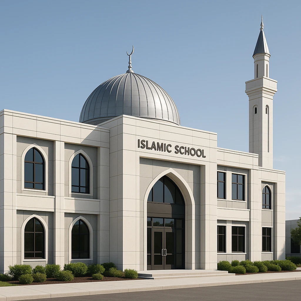 modern Islamic school building with a dome and minaret, clean and professional style emoji