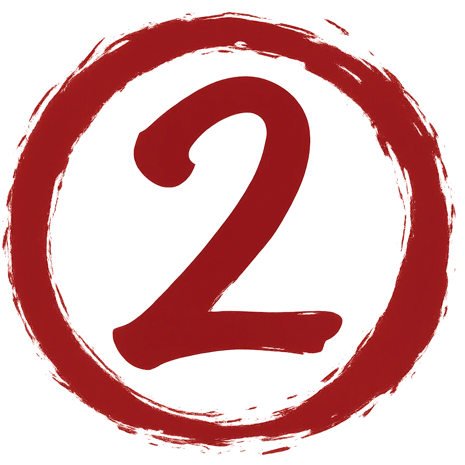 Edit the image to depict the number 2 in a Chinese Eastern style with a rich red color. The number should have a calligraphic form similar to the reference. Surround the number with a torn, smeared circular frame in the style of a Japanese enso, with edges that are highly artistic and messy. The inside of the circle should have a transparent background and no decoration. emoji
