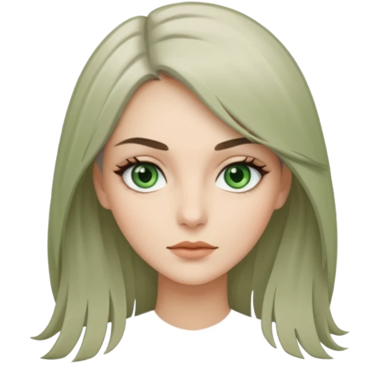 женщина с зелёными глазами, красивыми бровями, серо-бежевыми длинными волосами, с асимметричным пробором чёлкой, подстриженной каскадом  emoji